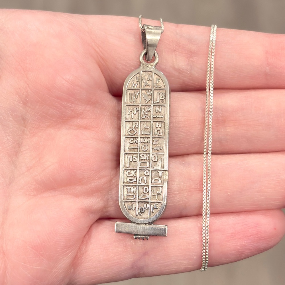 Vintage Sterling 14K Egyptian Cartouche Necklace Double Sided Hieroglyphics - Picture 11 of 16